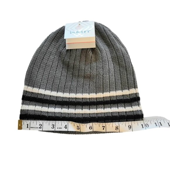 Isotoner Grey Black Cream Striped Knit Cap Hat Cold Weather New - Picture 2 of 4